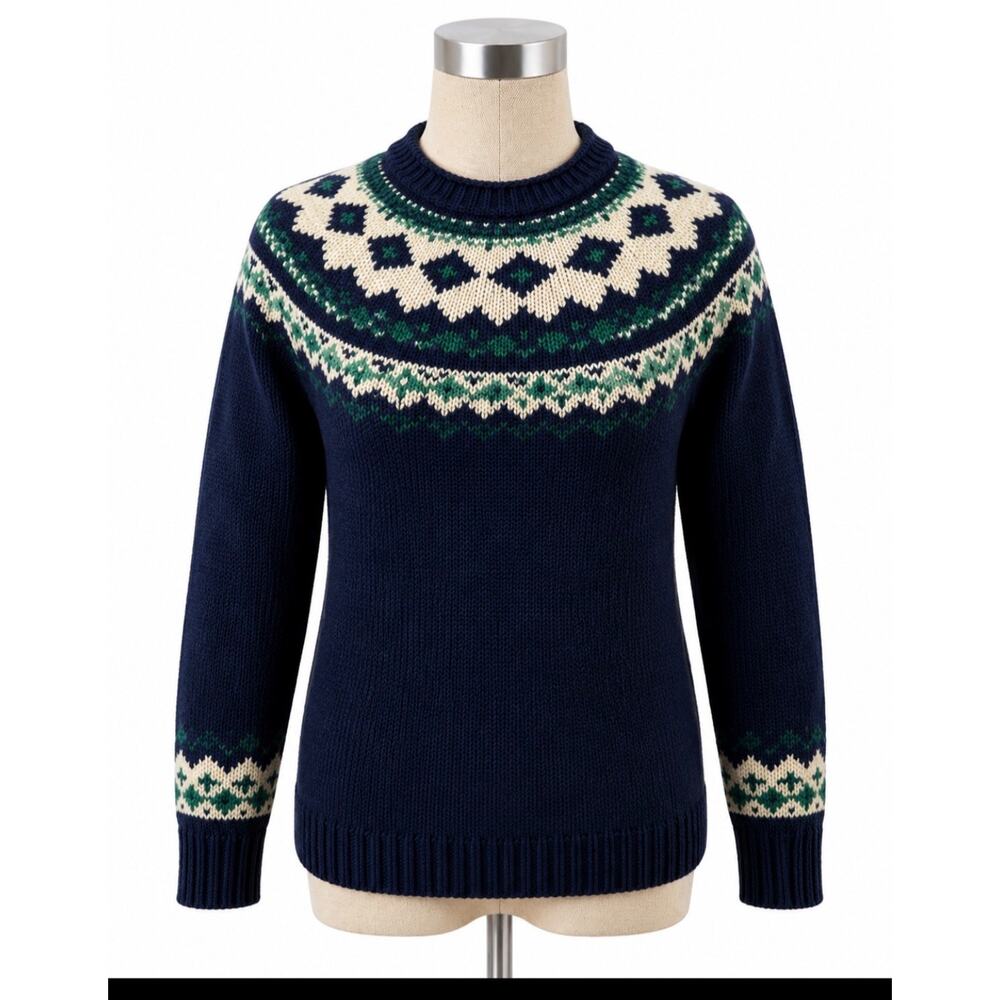 Vintage L.L. Bean Navy Blue Fair Isle Wool Sweater Women XS - Picture 2 of 7
